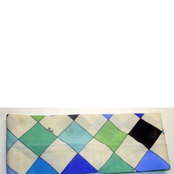 💜 Vintage Emilio Pucci Pile Headband Blue Green White Harlequin Pattern - Picture 4 of 10